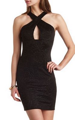 F2279-2 ROSE EMBOSSED X-FRONT BODYCON DRESS